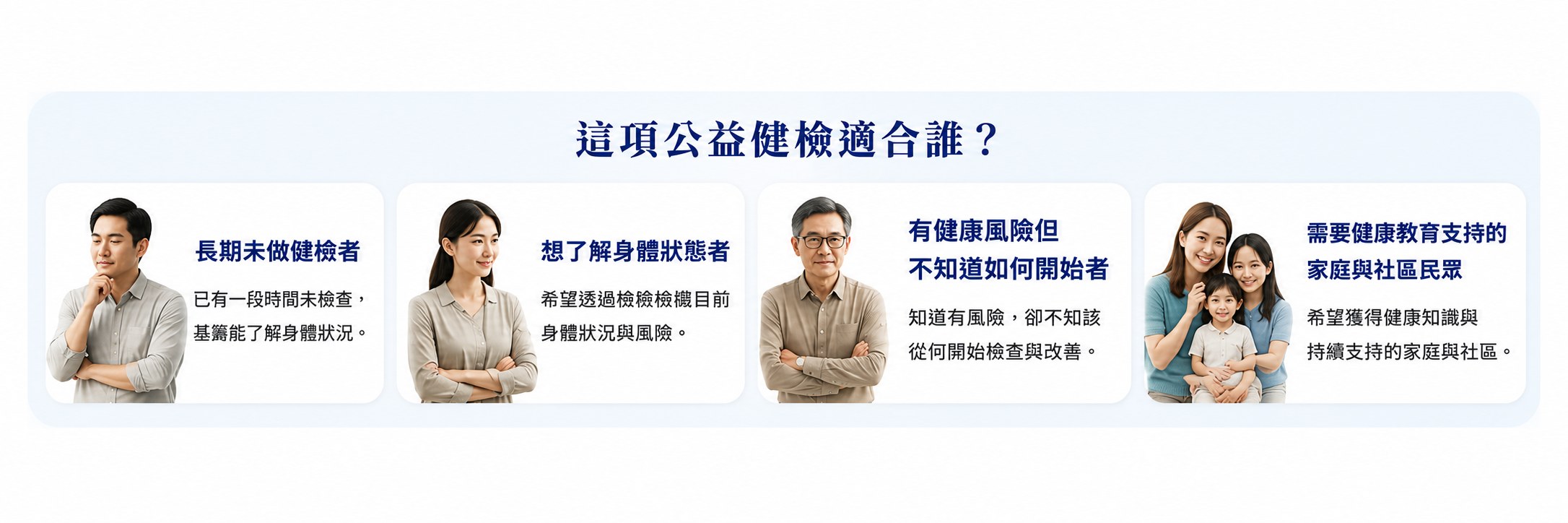 這項公益健檢適合誰？長期未做健檢者、想了解身體狀態者、有健康風險疑慮者、需要健康教育支持的家庭與社區民眾