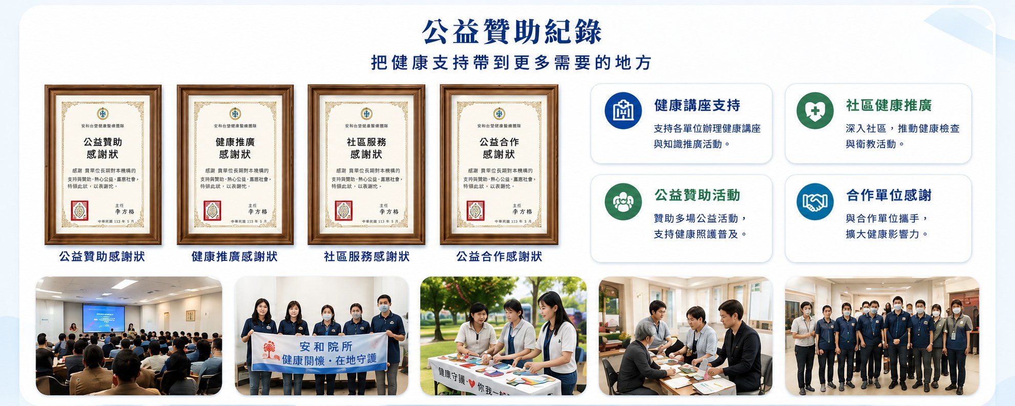 公益贊助紀錄：把健康支持帶到更多需要的地方。公益講座支持、社區健康推廣、公益贊助活動、合作單位感謝